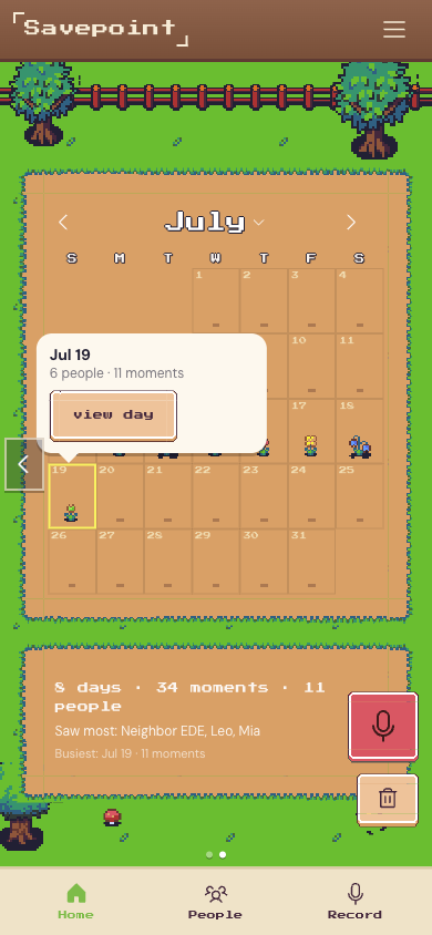 A popover on a calendar day showing a one-line summary and a view day button