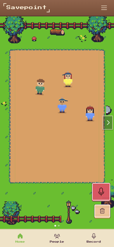 The plaza screen showing several pixel characters standing in a fenced dirt plot