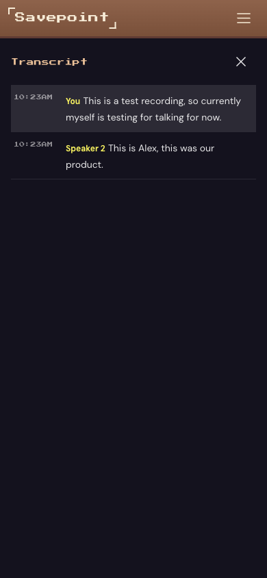 A transcript panel listing timestamped diarized lines