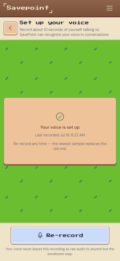 A voice enrollment screen confirming the wearer's voice is set up
